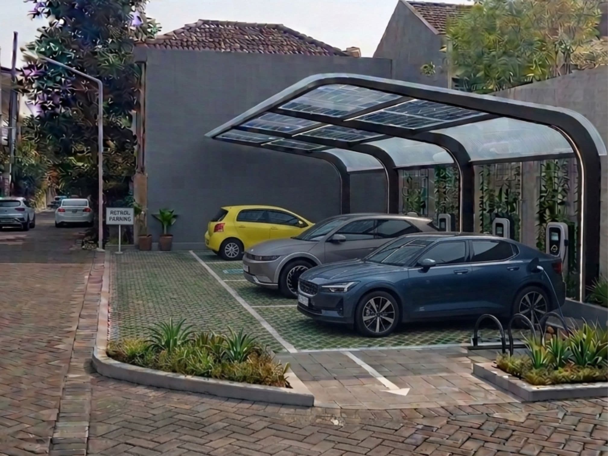 ilustrasi rencana pemanfaatan kavling kosong di Blok B8, menjadi parkir mobil konvensional dan charging listrik yang tertata rapi dan bermanfaat bagi warga